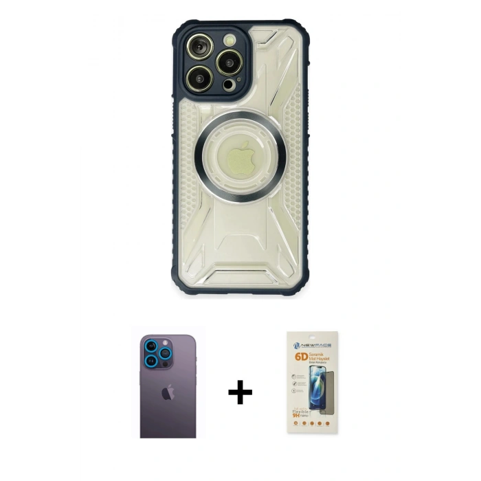 MARSİLYAN™- iPhone 13 Pro Max Kılıf Kutup Modern - Siyah 6D Mat Seramik Hayalet Nano Ekran Koruyucu + Neon Fosforlu Kamera Lens - MI