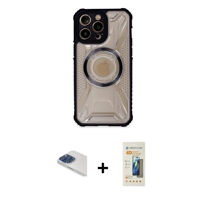 MARSİLYAN™- iPhone 13 Pro Max Kılıf Kutup Modern - Siyah 6D Mat Seramik Hayalet Nano Ekran Koruyucu + Pers Alüminyum Kamera Lens - LT