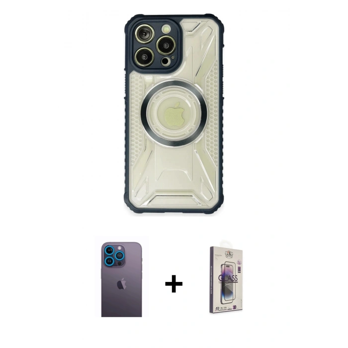 MARSİLYAN™- iPhone 13 Pro Max Kılıf Kutup Modern - Siyah Bilvis 3D Cam Ekran Koruyucu + Neon Fosforlu Kamera Lens - MI