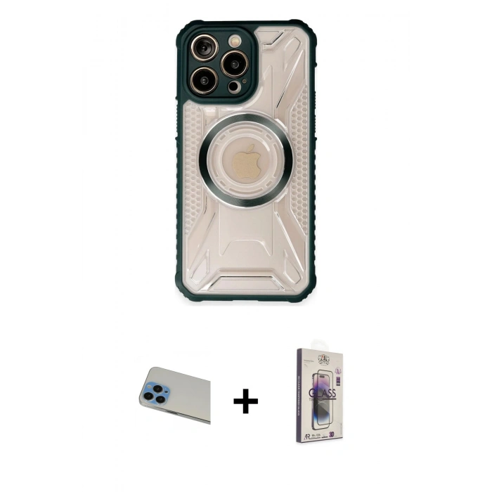 MARSİLYAN™- iPhone 13 Pro Max Kılıf Kutup Modern - Siyah Bilvis 3D Cam Ekran Koruyucu + Mavi Rainbow Kamera Lens Koruma Cam
