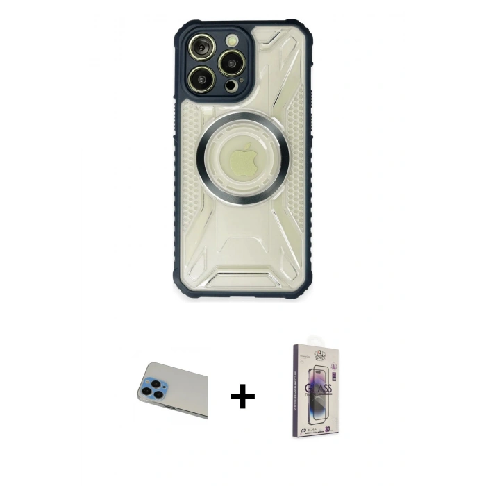 MARSİLYAN™- iPhone 13 Pro Max Kılıf Kutup Modern - Siyah Bilvis 3D Cam Ekran Koruyucu + Mavi Rainbow Kamera Lens Koruma Cam