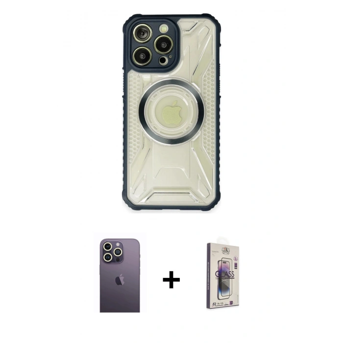 MARSİLYAN™- iPhone 13 Pro Max Kılıf Kutup Modern - Siyah Bilvis 3D Cam Ekran Koruyucu + Neon Fosforlu Kamera Lens - BZ