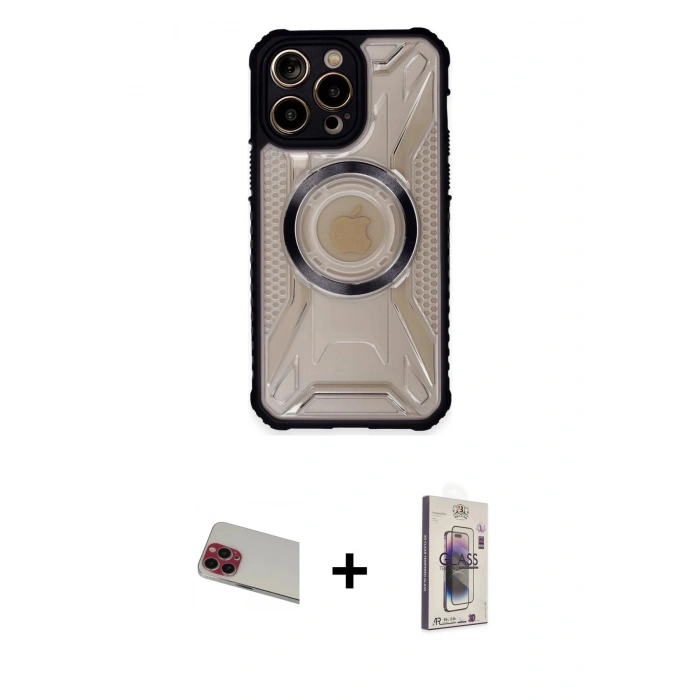 MARSİLYAN™- iPhone 13 Pro Max Kılıf Kutup Modern - Siyah Bilvis 3D Cam Ekran Koruyucu + Rainbow Kamera Lens Koruma Cam - KI