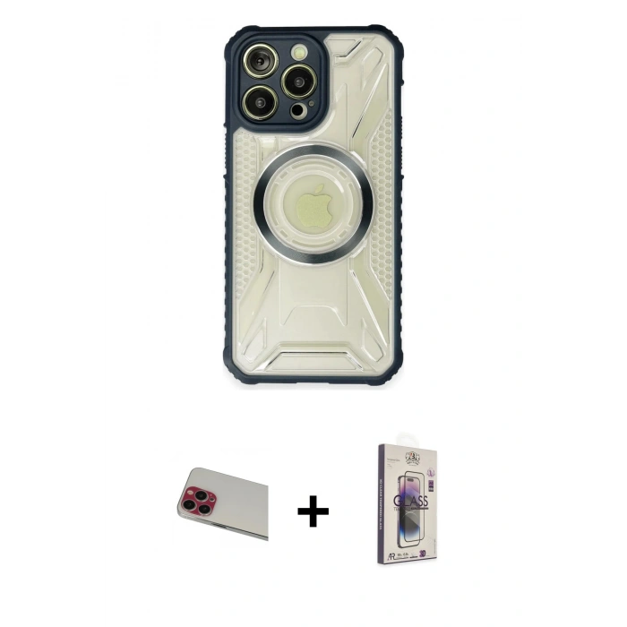 MARSİLYAN™- iPhone 13 Pro Max Kılıf Kutup Modern - Siyah Bilvis 3D Cam Ekran Koruyucu + Rainbow Kamera Lens Koruma Cam - KI