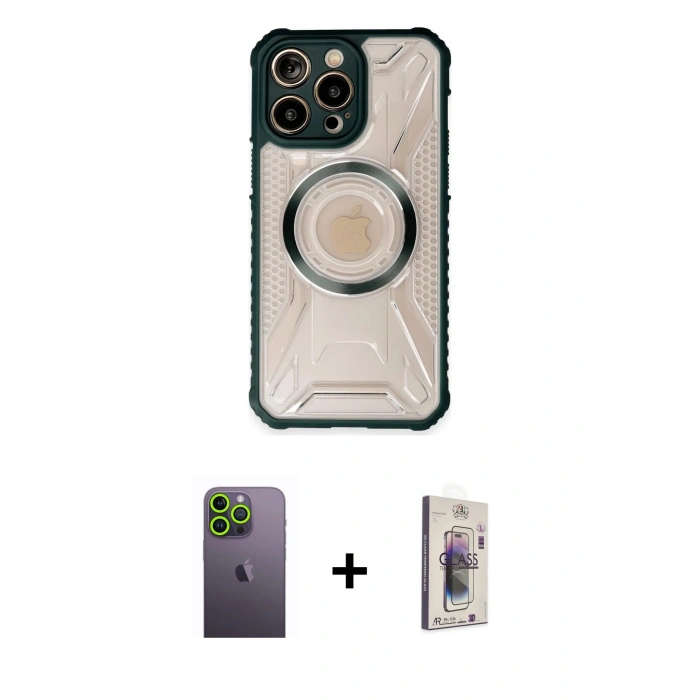 MARSİLYAN™- iPhone 13 Pro Max Kılıf Kutup Modern - Siyah Bilvis 3D Cam Ekran Koruyucu + Neon Fosforlu Kamera Lens - YL