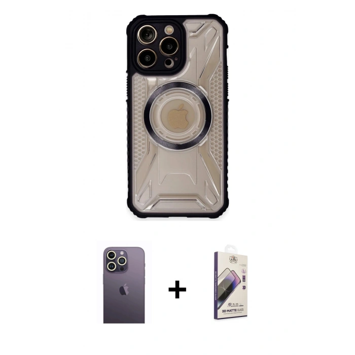 MARSİLYAN™- iPhone 13 Pro Max Kılıf Kutup Modern - Siyah Bilvis 3D Mat Cam Ekran Koruyucu + Neon Fosforlu Kamera Lens - BZ