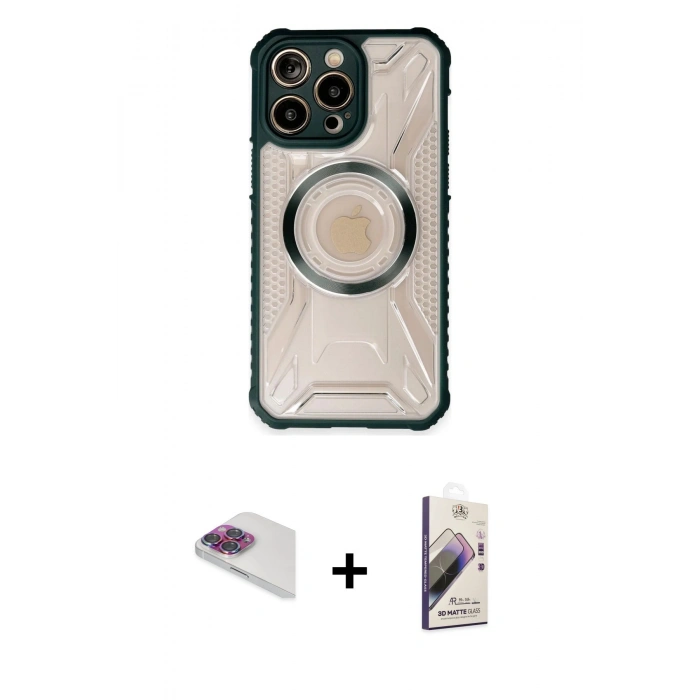 MARSİLYAN™- iPhone 13 Pro Max Kılıf Kutup Modern - Siyah Bilvis 3D Mat Cam Ekran Koruyucu + Pers Alüminyum Kamera Lens - GI