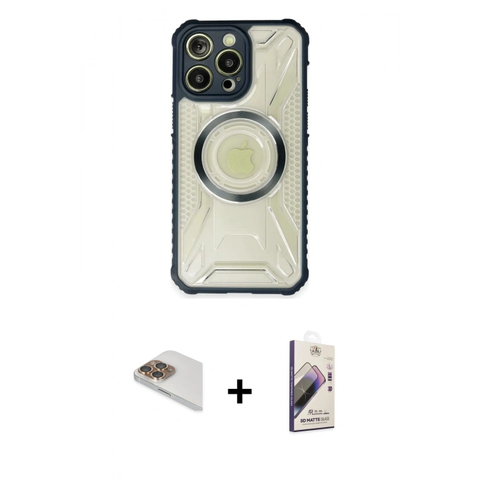 MARSİLYAN™- iPhone 13 Pro Max Kılıf Kutup Modern - Siyah Bilvis 3D Mat Cam Ekran Koruyucu + Pers Alüminyum Kamera Lens - GD