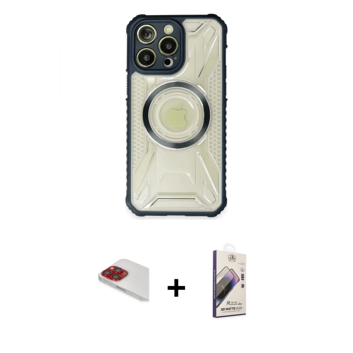 MARSİLYAN™- iPhone 13 Pro Max Kılıf Kutup Modern - Siyah Bilvis 3D Mat Cam Ekran Koruyucu + Pers Alüminyum Kamera Lens - KI
