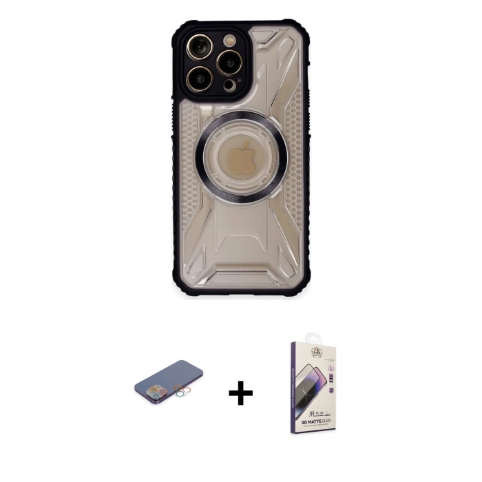 MARSİLYAN™- iPhone 13 Pro Max Kılıf Kutup Modern - Siyah Bilvis 3D Mat Cam Ekran Koruyucu + Renkli Kamera Lens Koruma Cam - PE
