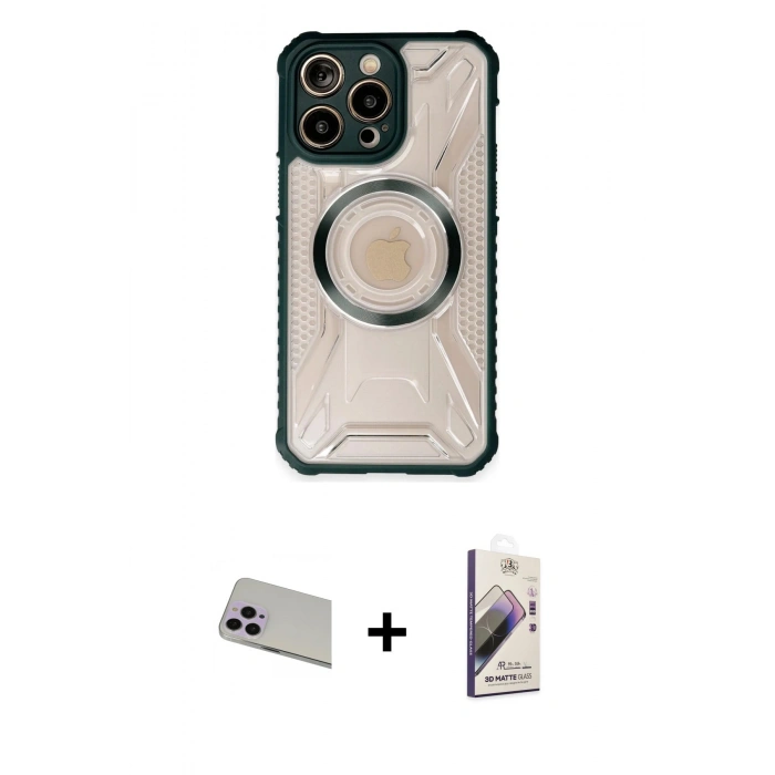MARSİLYAN™- iPhone 13 Pro Max Kılıf Kutup Modern - Siyah Bilvis 3D Mat Cam Ekran Koruyucu + Rainbow Kamera Lens Koruma Cam - MR