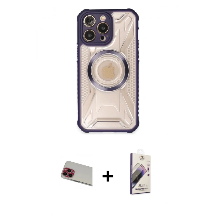 MARSİLYAN™- iPhone 13 Pro Max Kılıf Kutup Modern - Siyah Bilvis 3D Mat Cam Ekran Koruyucu + Rainbow Kamera Lens Koruma Cam - KI