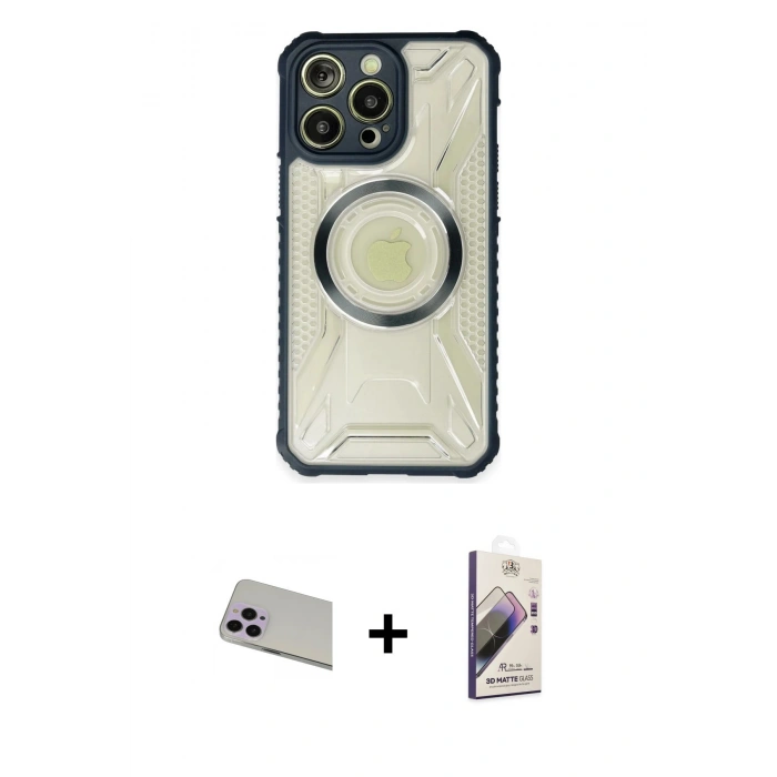 MARSİLYAN™- iPhone 13 Pro Max Kılıf Kutup Modern - Siyah Bilvis 3D Mat Cam Ekran Koruyucu + Rainbow Kamera Lens Koruma Cam - MR