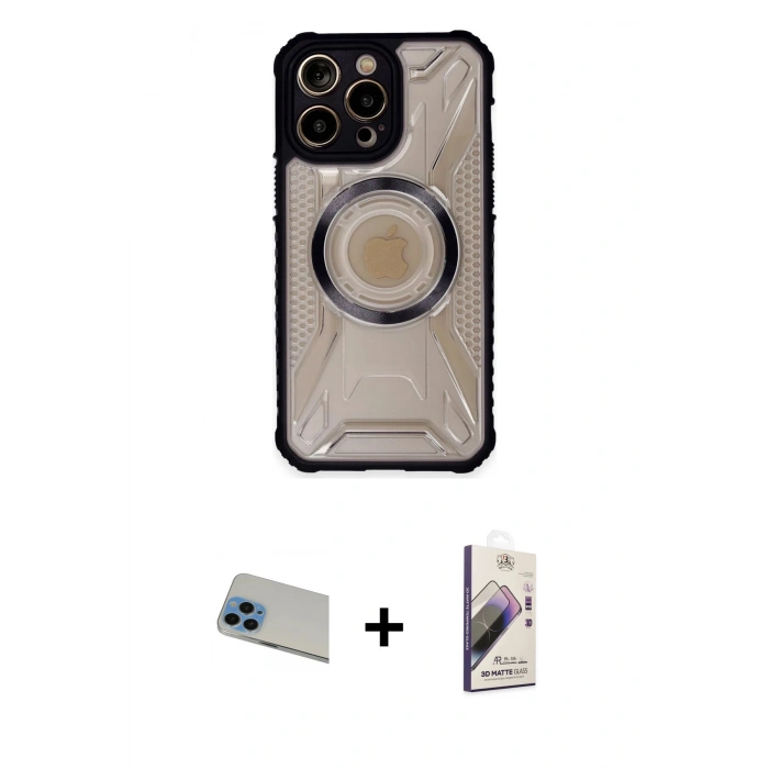 MARSİLYAN™- iPhone 13 Pro Max Kılıf Kutup Modern - Siyah Bilvis 3D Mat Cam Ekran Koruyucu + Rainbow Kamera Lens Koruma Cam - MI