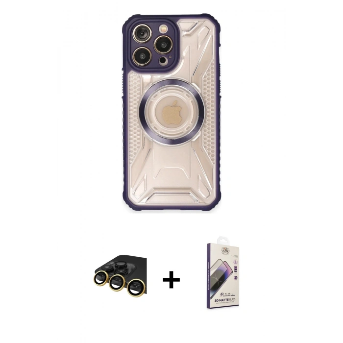 MARSİLYAN™- iPhone 13 Pro Max Kılıf Kutup Modern - Siyah Bilvis 3D Mat Cam Ekran Koruyucu + Raze Metal Kamera Lens - GD