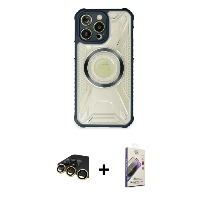 MARSİLYAN™- iPhone 13 Pro Max Kılıf Kutup Modern - Siyah Bilvis 3D Mat Cam Ekran Koruyucu + Raze Metal Kamera Lens - GD
