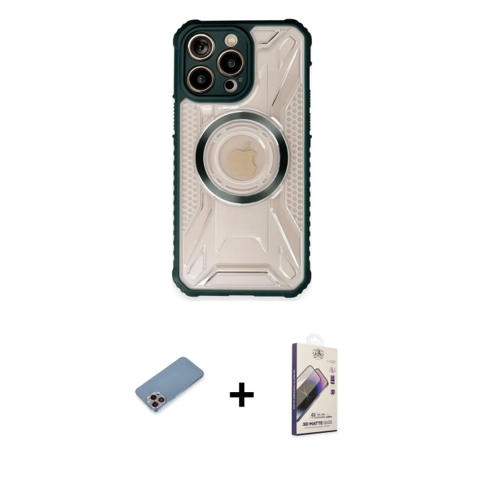 MARSİLYAN™- iPhone 13 Pro Max Kılıf Kutup Modern - Siyah Bilvis 3D Mat Cam Ekran Koruyucu + Shine Kamera Lens Koruma Cam - PE