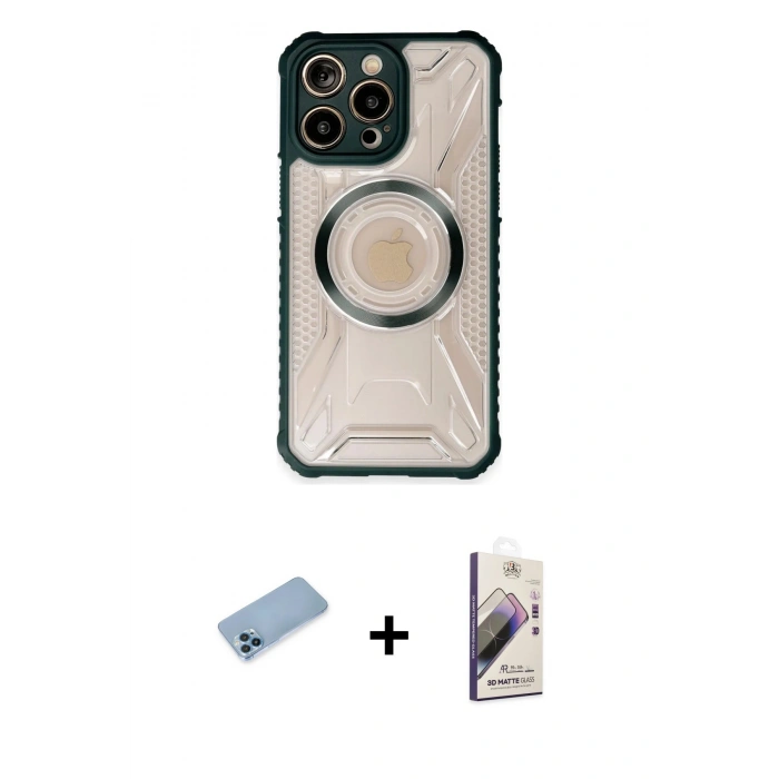 MARSİLYAN™- iPhone 13 Pro Max Kılıf Kutup Modern - Siyah Bilvis 3D Mat Cam Ekran Koruyucu + Shine Kamera Lens Koruma Cam - MI