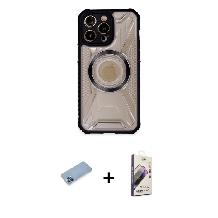 MARSİLYAN™- iPhone 13 Pro Max Kılıf Kutup Modern - Siyah Bilvis 3D Mat Cam Ekran Koruyucu + Shine Kamera Lens Koruma Cam - MI