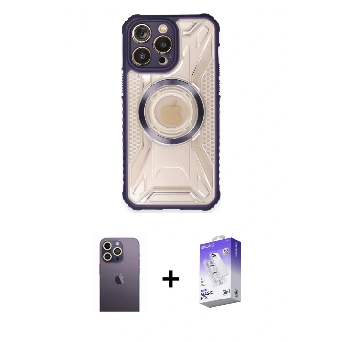 MARSİLYAN™- iPhone 13 Pro Max Kılıf Kutup Modern - Siyah Bilvis 5in1 3D Magic Cam Ekran Koruyucu + Neon Fosforlu Kamera Lens - BZ