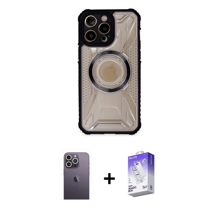MARSİLYAN™- iPhone 13 Pro Max Kılıf Kutup Modern - Siyah Bilvis 5in1 3D Magic Cam Ekran Koruyucu + Neon Fosforlu Kamera Lens - BZ
