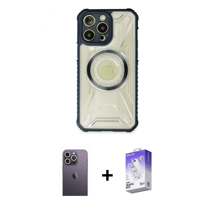 MARSİLYAN™- iPhone 13 Pro Max Kılıf Kutup Modern - Siyah Bilvis 5in1 3D Magic Cam Ekran Koruyucu + Neon Fosforlu Kamera Lens - BZ