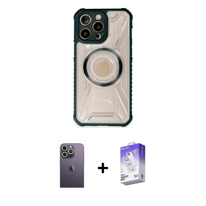 MARSİLYAN™- iPhone 13 Pro Max Kılıf Kutup Modern - Siyah Bilvis 5in1 3D Magic Cam Ekran Koruyucu + Neon Fosforlu Kamera Lens - BZ