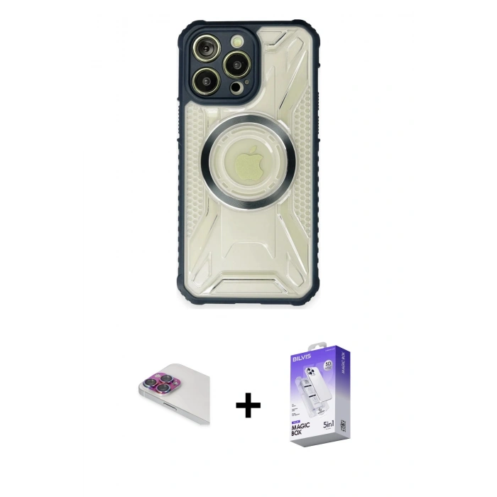MARSİLYAN™- iPhone 13 Pro Max Kılıf Kutup Modern - Siyah Bilvis 5in1 3D Magic Cam Ekran Koruyucu + Gökkuşağı Pers Alüminyum Kamera Lens