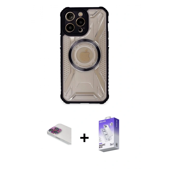 MARSİLYAN™- iPhone 13 Pro Max Kılıf Kutup Modern - Siyah Bilvis 5in1 3D Magic Cam Ekran Koruyucu + Gökkuşağı Pers Alüminyum Kamera Lens