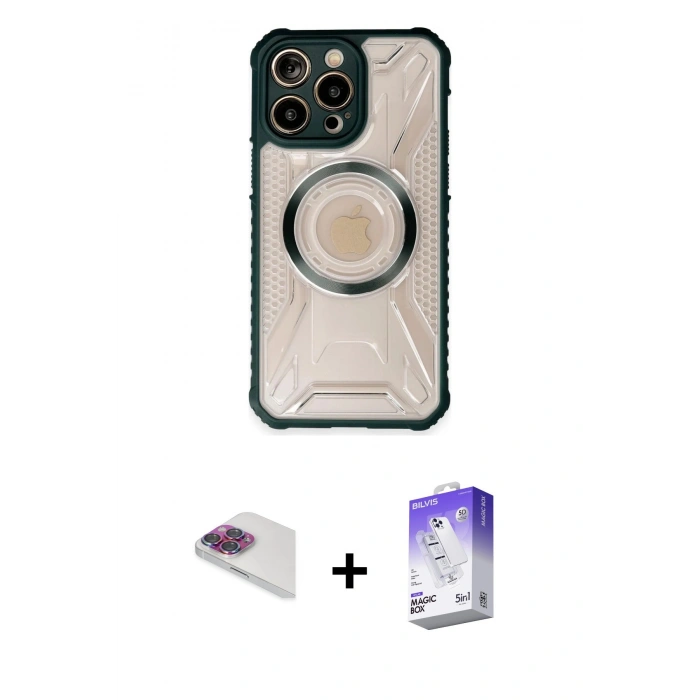 MARSİLYAN™- iPhone 13 Pro Max Kılıf Kutup Modern - Siyah Bilvis 5in1 3D Magic Cam Ekran Koruyucu + Gökkuşağı Pers Alüminyum Kamera Lens