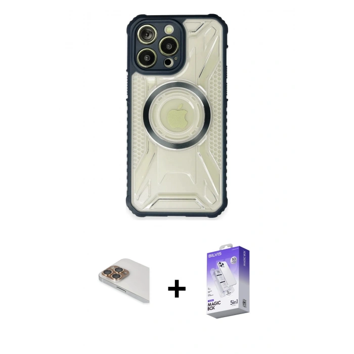 MARSİLYAN™- iPhone 13 Pro Max Kılıf Kutup Modern - Siyah Bilvis 5in1 3D Magic Cam Ekran Koruyucu + Pers Alüminyum Kamera Lens - GD