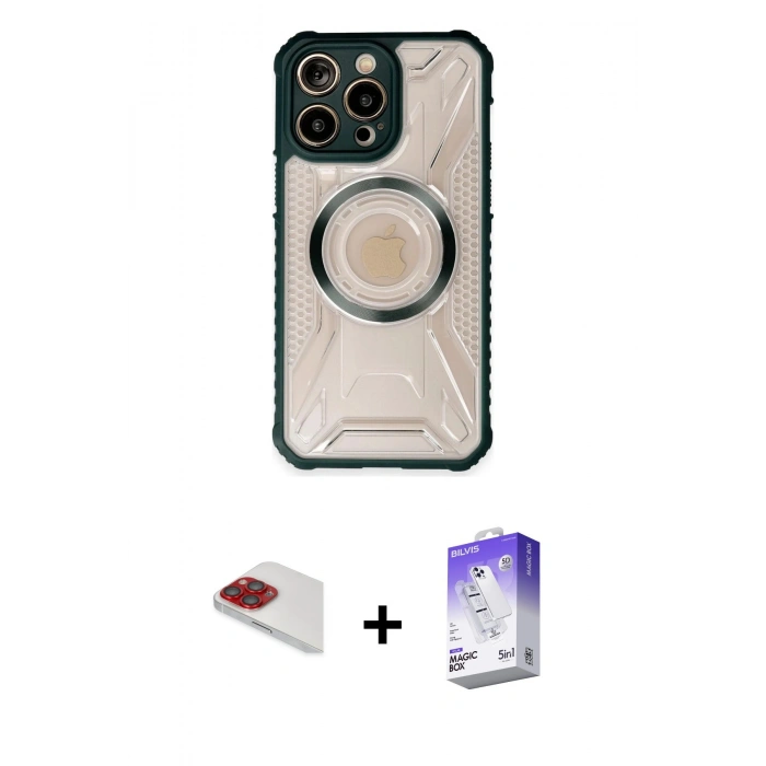 MARSİLYAN™- iPhone 13 Pro Max Kılıf Kutup Modern - Siyah Bilvis 5in1 3D Magic Cam Ekran Koruyucu + Pers Alüminyum Kamera Lens - KI