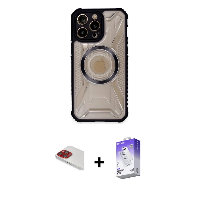 MARSİLYAN™- iPhone 13 Pro Max Kılıf Kutup Modern - Siyah Bilvis 5in1 3D Magic Cam Ekran Koruyucu + Pers Alüminyum Kamera Lens - KI