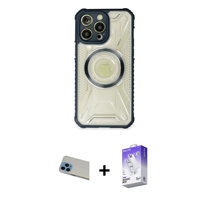 MARSİLYAN™- iPhone 13 Pro Max Kılıf Kutup Modern - Siyah Bilvis 5in1 3D Magic Cam Ekran Koruyucu + Rainbow Kamera Lens Koruma Cam - MI
