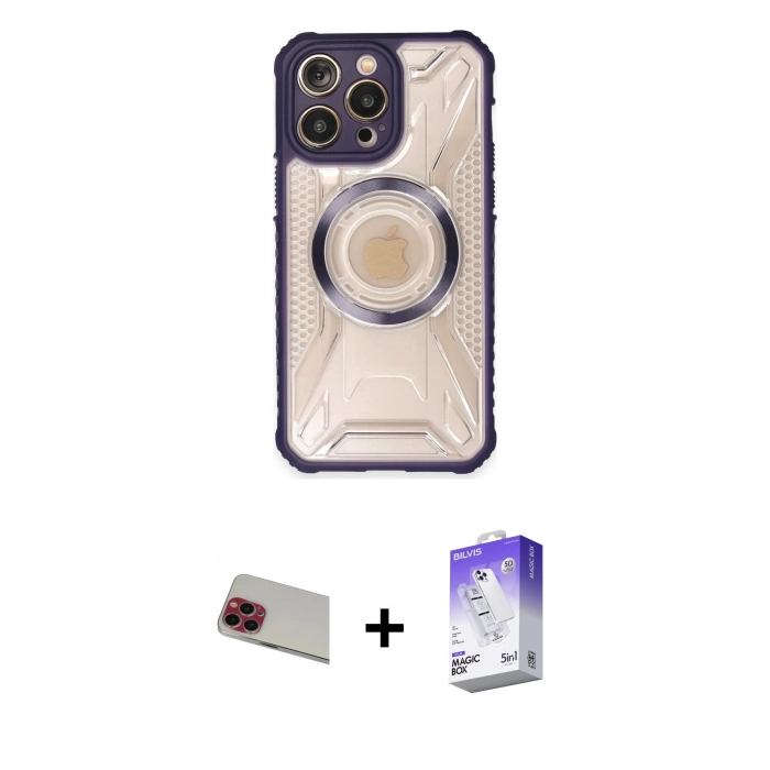 MARSİLYAN™- iPhone 13 Pro Max Kılıf Kutup Modern - Siyah Bilvis 5in1 3D Magic Cam Ekran Koruyucu + Rainbow Kamera Lens Koruma Cam - KI