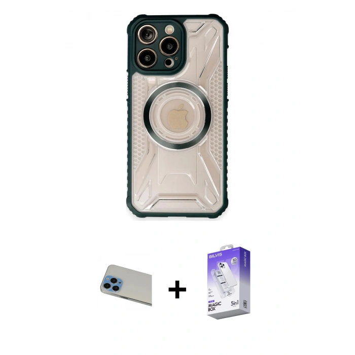 MARSİLYAN™- iPhone 13 Pro Max Kılıf Kutup Modern - Siyah Bilvis 5in1 3D Magic Cam Ekran Koruyucu + Rainbow Kamera Lens Koruma Cam - MI