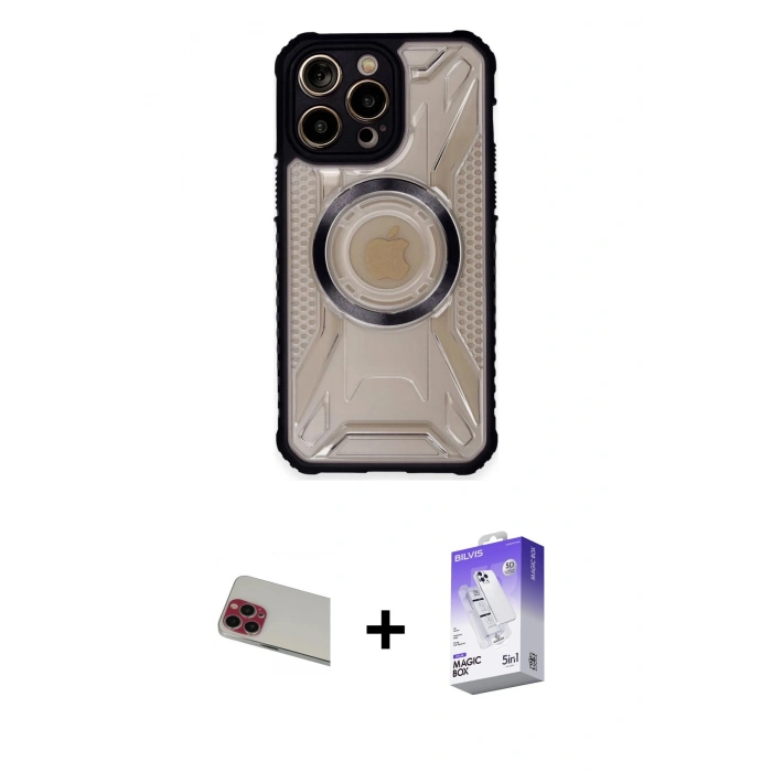 MARSİLYAN™- iPhone 13 Pro Max Kılıf Kutup Modern - Siyah Bilvis 5in1 3D Magic Cam Ekran Koruyucu + Rainbow Kamera Lens Koruma Cam - KI