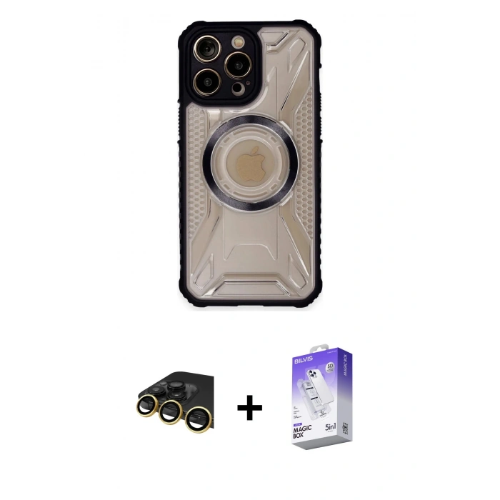 MARSİLYAN™- iPhone 13 Pro Max Kılıf Kutup Modern - Siyah Bilvis 5in1 3D Magic Cam Ekran Koruyucu + Raze Metal Kamera Lens - GD