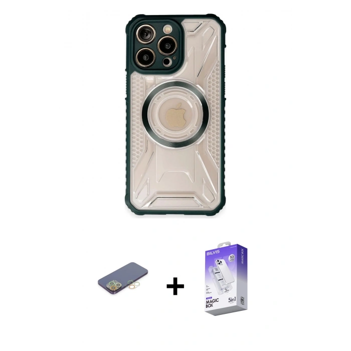 MARSİLYAN™- iPhone 13 Pro Max Kılıf Kutup Modern - Siyah Bilvis 5in1 3D Magic Cam Ekran Koruyucu + Renkli Kamera Lens Koruma Cam - SI