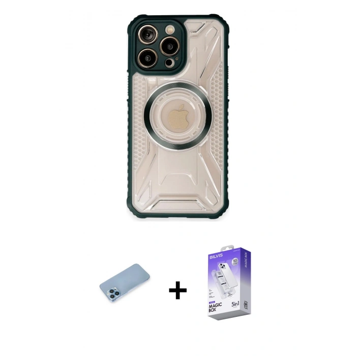 MARSİLYAN™- iPhone 13 Pro Max Kılıf Kutup Modern - Siyah Bilvis 5in1 3D Magic Cam Ekran Koruyucu + Shine Kamera Lens Koruma Cam - MI