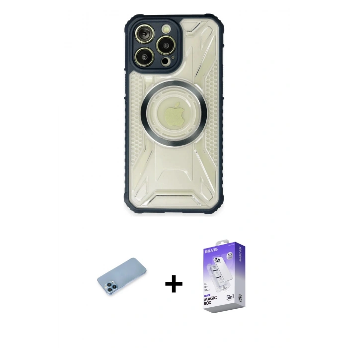 MARSİLYAN™- iPhone 13 Pro Max Kılıf Kutup Modern - Siyah Bilvis 5in1 3D Magic Cam Ekran Koruyucu + Shine Kamera Lens Koruma Cam - MI