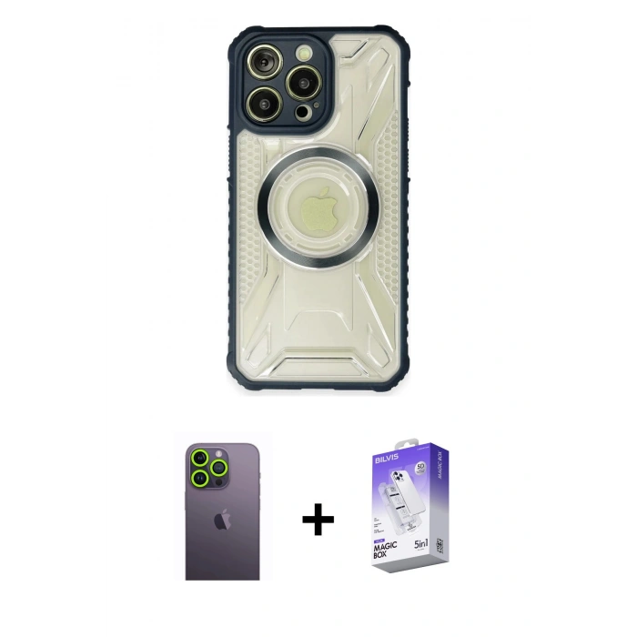 MARSİLYAN™- iPhone 13 Pro Max Kılıf Kutup Modern - Siyah Bilvis 5in1 3D Magic Cam Ekran Koruyucu + Neon Fosforlu Kamera Lens - YL