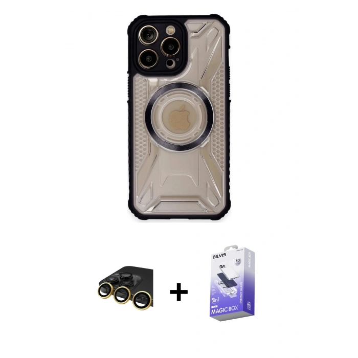 MARSİLYAN™- iPhone 13 Pro Max Kılıf Kutup Modern - Siyah Bilvis 5in1 5D Magic Hayalet Cam Ekran Koruyucu + Raze Metal Kamera Lens - GD