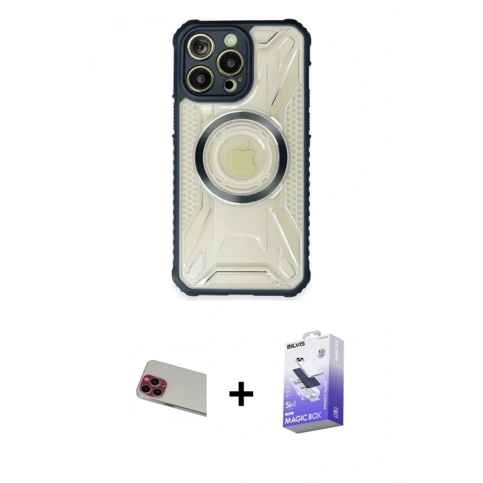 MARSİLYAN™- iPhone 13 Pro Max Kılıf Kutup Modern - Siyah Bilvis 5in1 5D Magic Hayalet Cam Ekran Koruyucu + Rainbow Kamera Lens Koruma Cam - KI