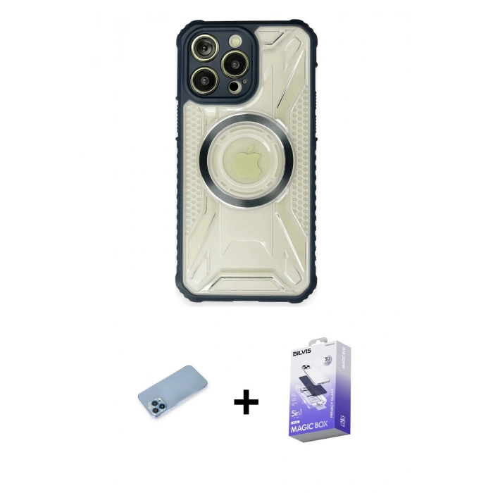 MARSİLYAN™- iPhone 13 Pro Max Kılıf Kutup Modern - Siyah Bilvis 5in1 5D Magic Hayalet Cam Ekran Koruyucu + Shine Kamera Lens Koruma Cam - MI