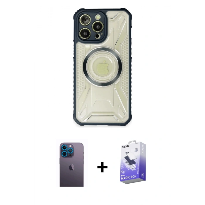 MARSİLYAN™- iPhone 13 Pro Max Kılıf Kutup Modern - Siyah Bilvis 5in1 5D Magic Hayalet Cam Ekran Koruyucu + Mavi Neon Fosforlu Kamera Lens