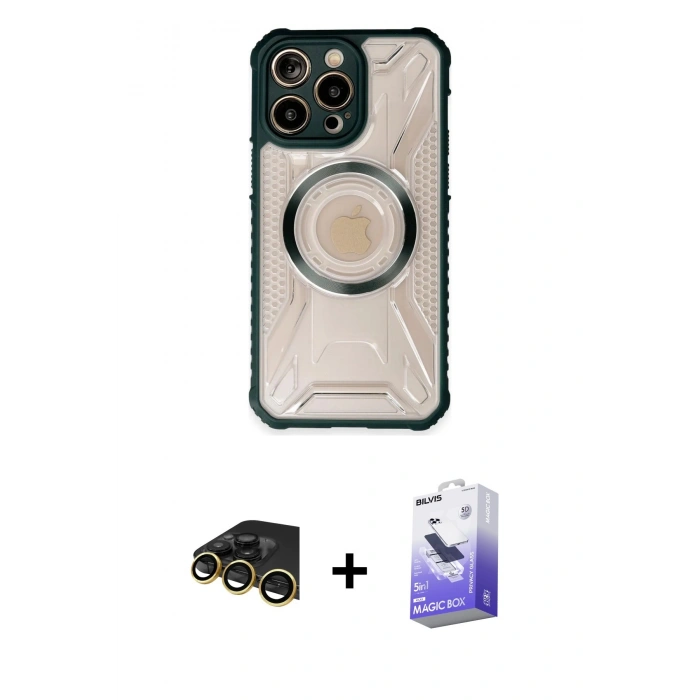 MARSİLYAN™- iPhone 13 Pro Max Kılıf Kutup Modern - Siyah Bilvis 5in1 5D Magic Hayalet Cam Ekran Koruyucu + Raze Metal Kamera Lens - GD