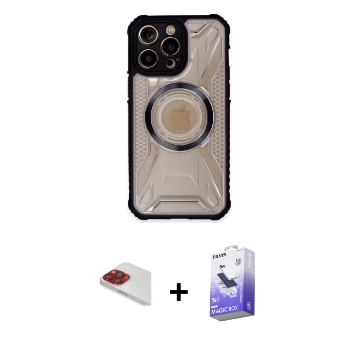 MARSİLYAN™- iPhone 13 Pro Max Kılıf Kutup Modern - Siyah Bilvis 5in1 5D Magic Hayalet Cam Ekran Koruyucu + Pers Alüminyum Kamera Lens - KI