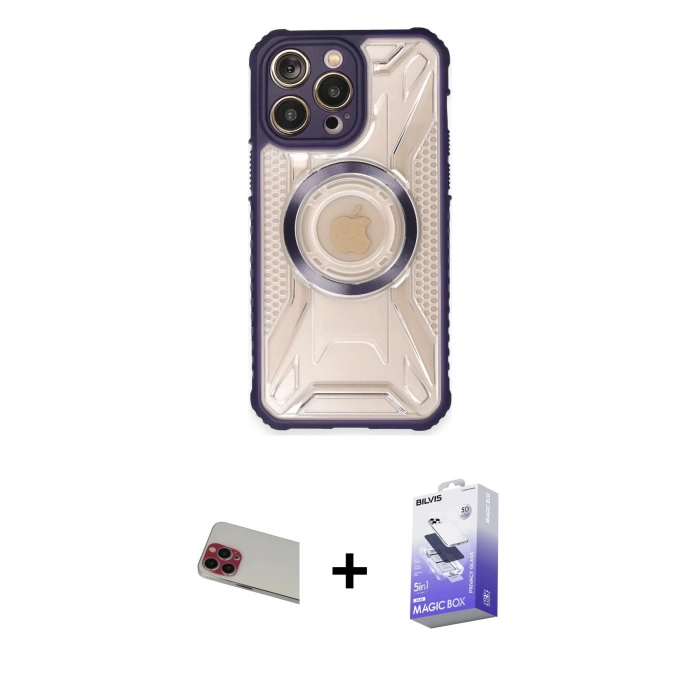 MARSİLYAN™- iPhone 13 Pro Max Kılıf Kutup Modern - Siyah Bilvis 5in1 5D Magic Hayalet Cam Ekran Koruyucu + Rainbow Kamera Lens Koruma Cam - KI
