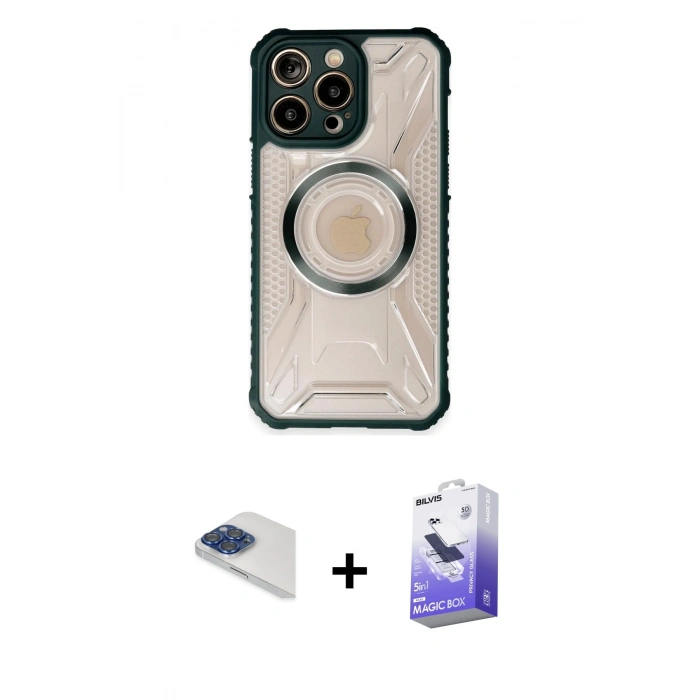 MARSİLYAN™- iPhone 13 Pro Max Kılıf Kutup Modern - Siyah Bilvis 5in1 5D Magic Hayalet Cam Ekran Koruyucu + Pers Alüminyum Kamera Lens - LT